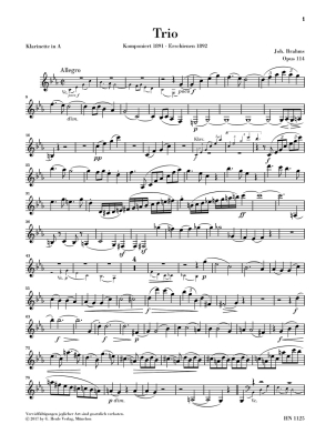Trio in A Minor, Op. 114 (Revised Edition) - Brahms/Loose-Einfalt - Clarinet (Viola)/Cello/Piano - Score/Parts