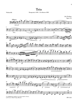 Trio in A Minor, Op. 114 (Revised Edition) - Brahms/Loose-Einfalt - Clarinet (Viola)/Cello/Piano - Score/Parts