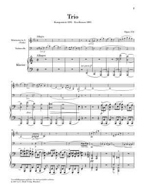 Trio in A Minor, Op. 114 (Revised Edition) - Brahms/Loose-Einfalt - Clarinet (Viola)/Cello/Piano - Score/Parts