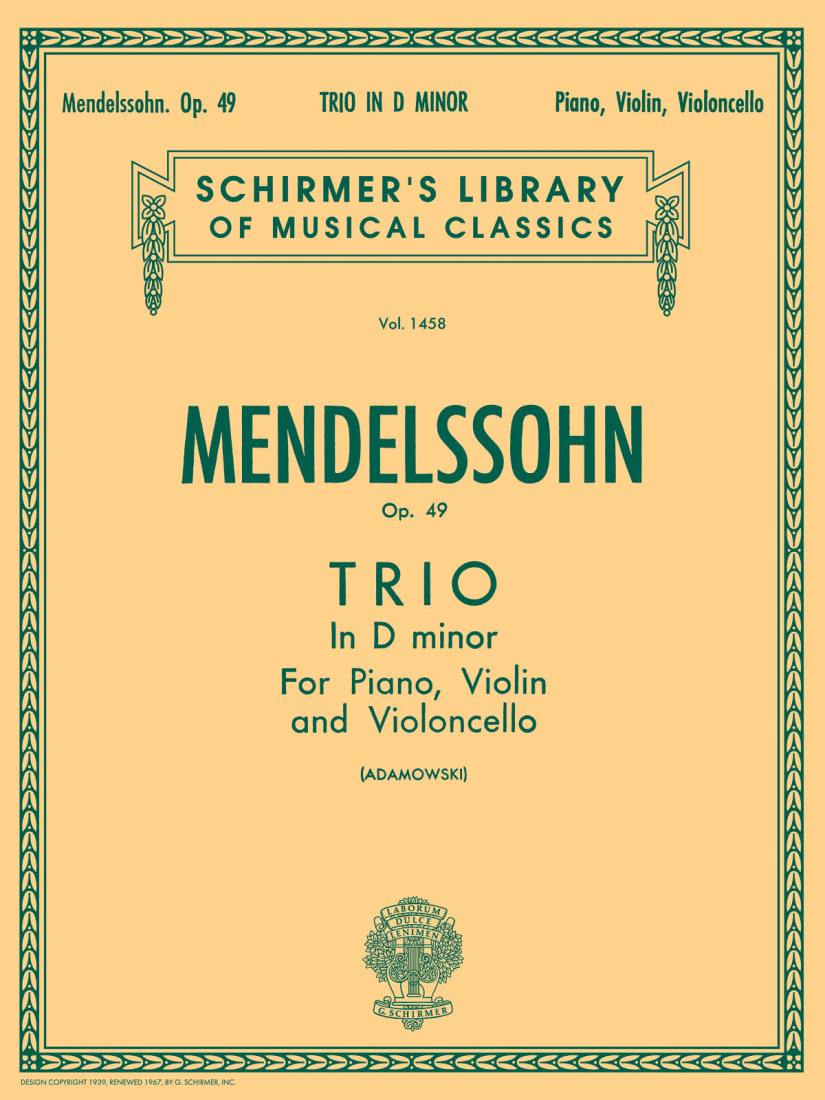 Trio in D Minor, Op. 49 - Mendelssohn/Adamowski - Piano Trio (Violin/Cello/Piano) - Score/Parts