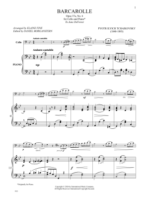 Barcarolle, Opus 37a, No. 6 - Tchaikovsky/Fine/Morganstern - Cello/Piano - Sheet Music