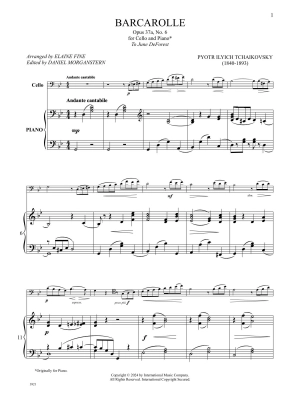 Barcarolle, Opus 37a, No. 6 - Tchaikovsky/Fine/Morganstern - Cello/Piano - Sheet Music