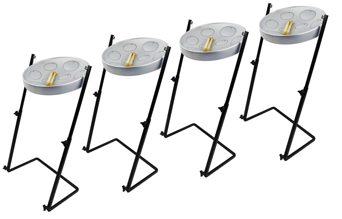 Jumbie Jam Steel Pans with Z-Floor Stand (4 Pack) - Silver