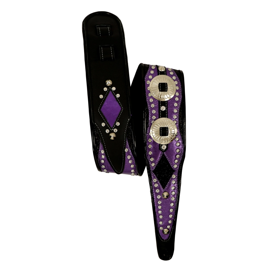 Studded 3\'\' Leather Guitar Strap - Purple and Black