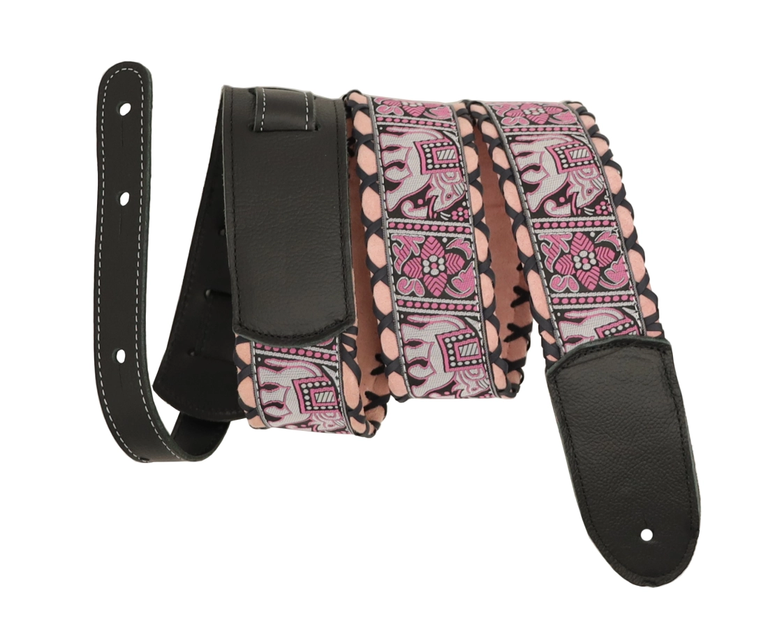 Brocade Hand Laced Leather Guitar Strap - Lucy Pink Elephants