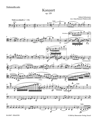 Concerto In A Minor, Op.129 - Schumann - Solo Cello/String Quartet - Parts Set