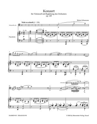 Concerto In A Minor, Op.129 - Schumann - Solo Cello/Piano Reduction - Sheet Music