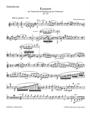 Concerto In A Minor, Op.129 - Schumann - Solo Cello/Piano Reduction - Sheet Music