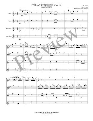 Italian Concerto, Movement I - Bach/Marlatt - 2 Flutes/2 Clarinets - Score/Parts