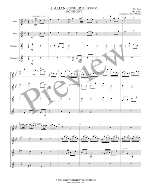 Italian Concerto, Movement I - Bach/Marlatt - 2 Flutes/2 Clarinets - Score/Parts