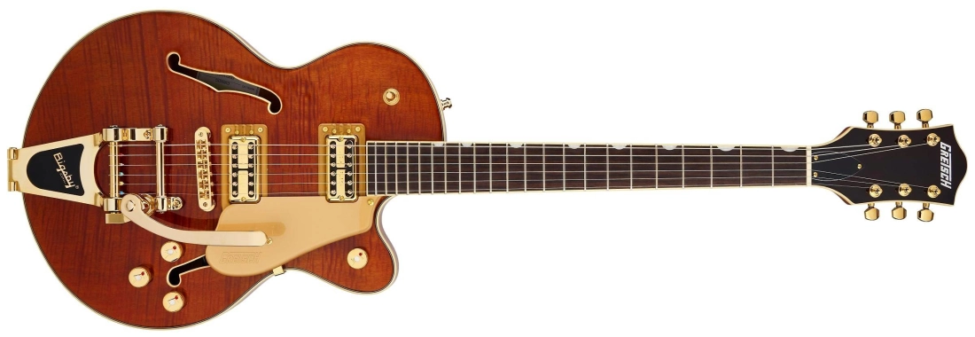 Electromatic LTD Flame Okoume Broadkaster Jr. Single -Cut with Bigsby, Rosewood Fingerboard - Roundup Orange