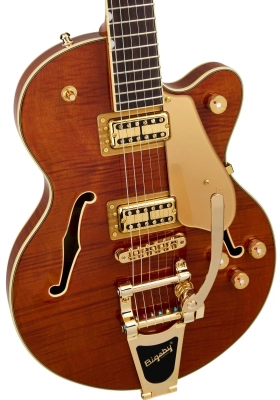 Electromatic LTD Flame Okoume Broadkaster Jr. Single -Cut with Bigsby, Rosewood Fingerboard - Roundup Orange