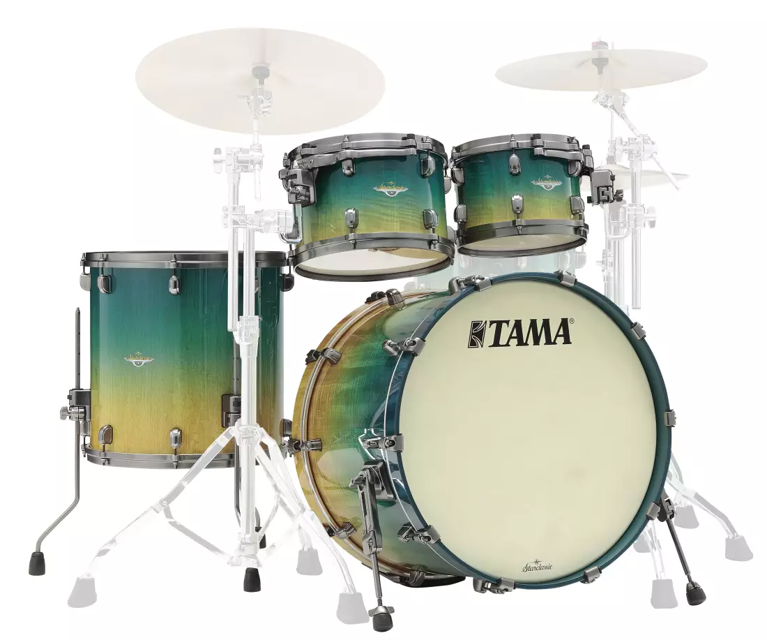 Starclassic Maple 4-Piece Shell Pack (22,10,12,16), Smoked Black Nickel Hardware - Marine Shoreline Movingui Fade