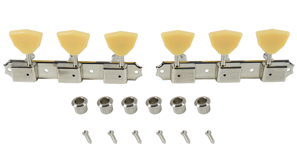 3 On A Plate Deluxe Series Tuning Machines, Standard Post - Nickel with Butterfly Plastic Buttons