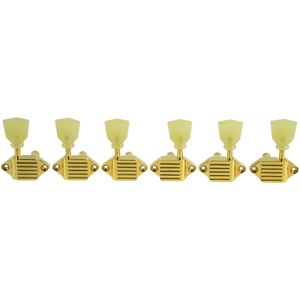 3 Per Side Vintage Diecast Series Waffleback Tuning Machines - Gold with Plastic Keystone Buttons