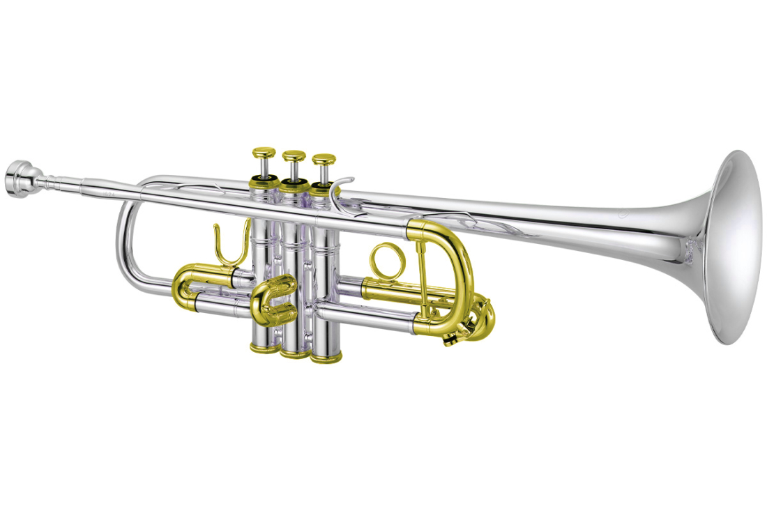 1604 Bb Trumpet with Reverse Leadpipe, Yellow Brass Bell and Standard Taper - Silver-Plated with Gold Trim