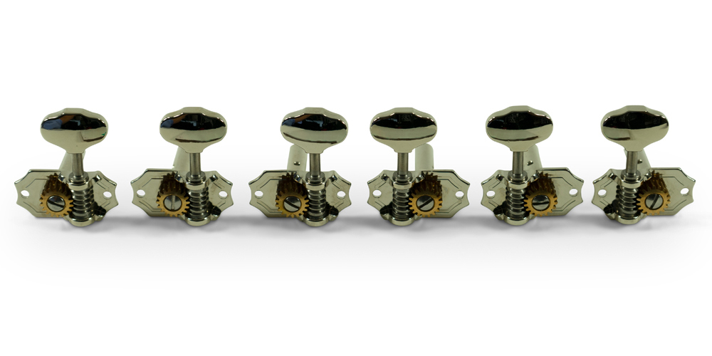 3 Per Side Prestige Series Horizontal Mount Open Bronze Gear Tuning Machines - Nickel with Metal Buttons