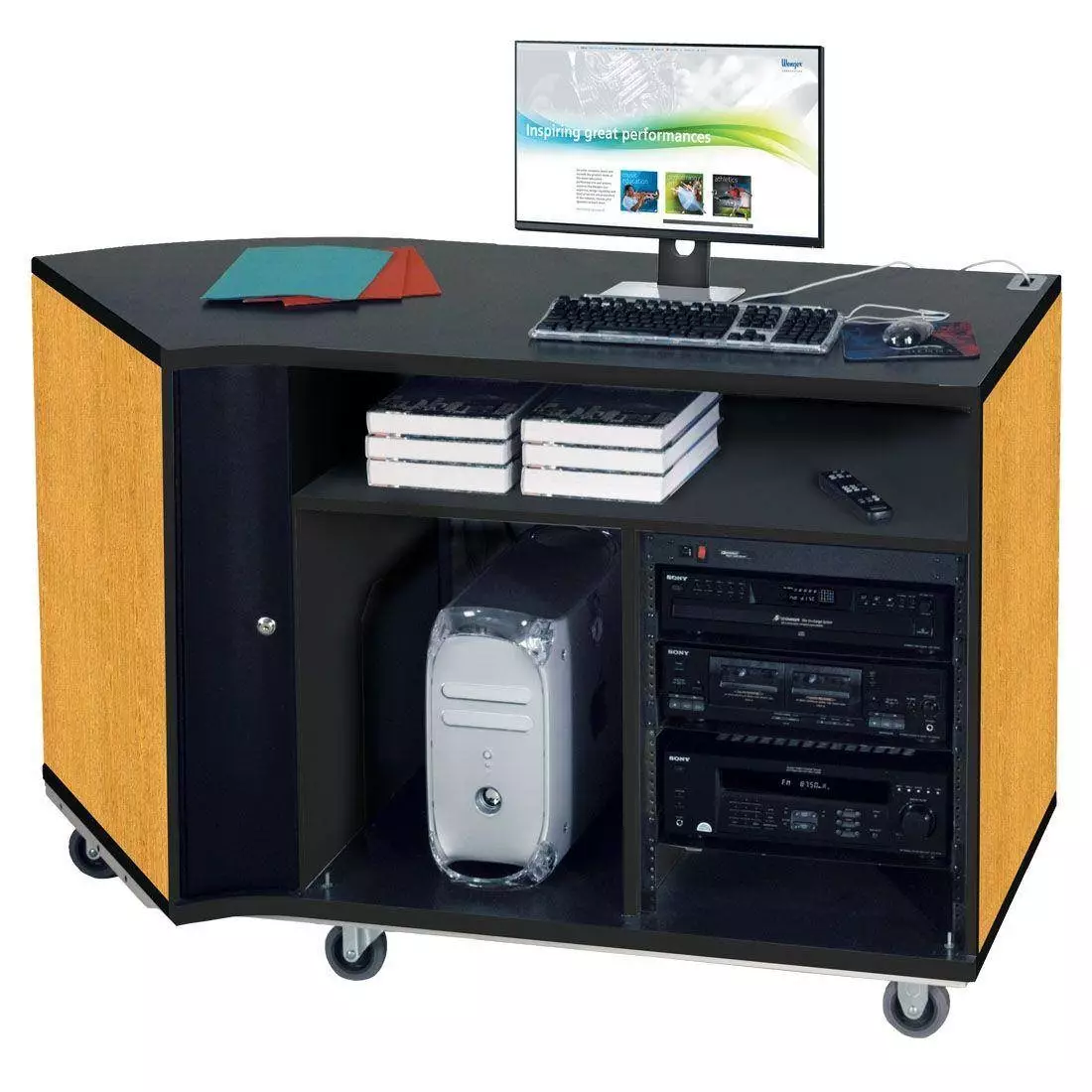 Left-Curved Rehearsal Resource Center with Stereo Rack - Solar Oak