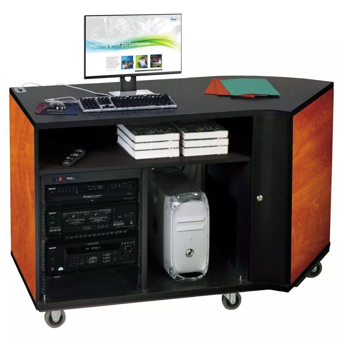 Right-Curved Rehearsal Resource Center with Stereo Rack - Cherry