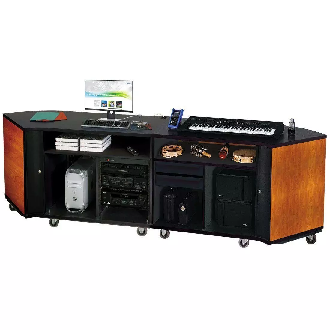 Twin Rehearsal Resource Center with Left Stereo Rack and Right Drawer - Cherry