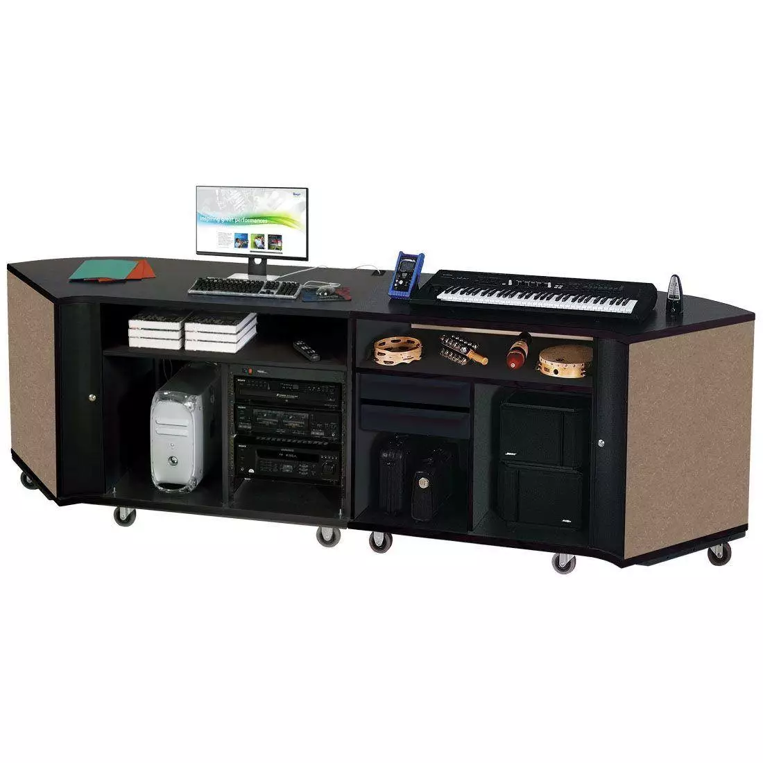 Twin Rehearsal Resource Center with Left Stereo Rack and Right Drawer - Evening Tigris