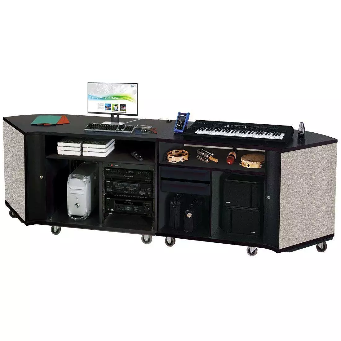 Twin Rehearsal Resource Center with Left Stereo Rack and Right Drawer - Pebble