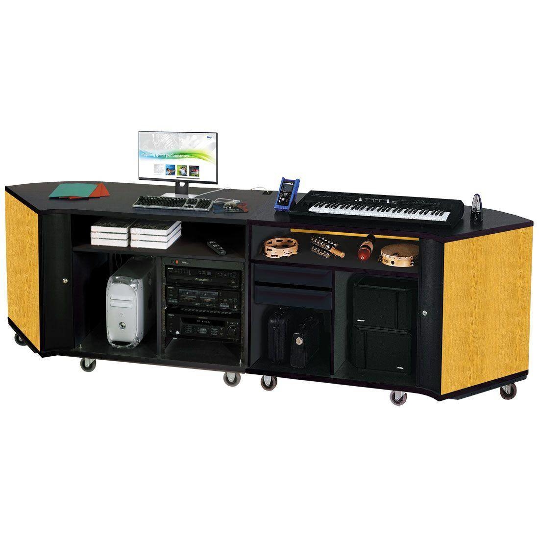 Twin Rehearsal Resource Center with Left Stereo Rack and Right Drawer - Solar Oak