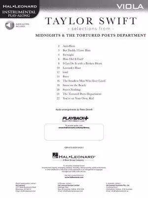 Taylor Swift--Selections from Midnights & The Tortured Poets Department: Instrumental Play-Along - Viola - Book/Audio Online