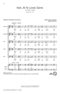 Five English Madrigals - Morley /Weelkes /Greaves /Leavitt - SSATB