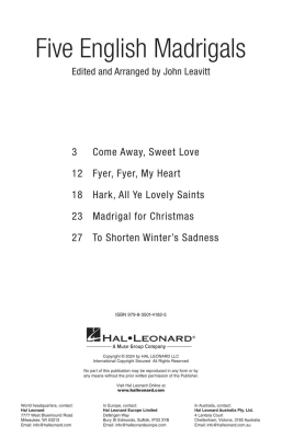 Five English Madrigals - Morley /Weelkes /Greaves /Leavitt - SSATB