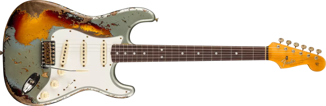 1965 Stratocaster Super Heavy Relic, Rosewood Fingerboard - Super Faded Aged Firemist Silver over 3-Colour Sunburst