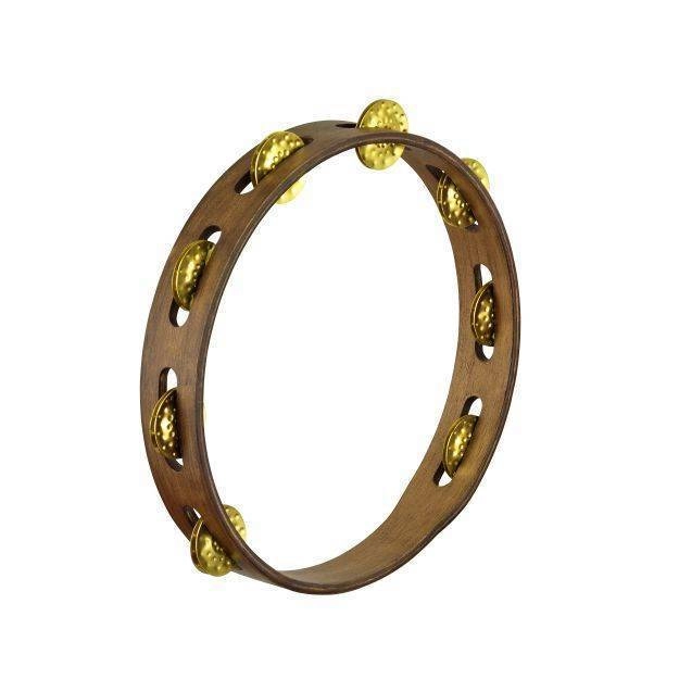 Vintage Wood Tambourine,1 Row Hammered Brass, Walnut Brown