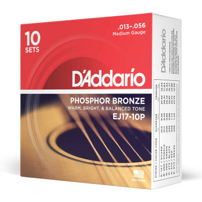 EJ17-10P Phosphor Bronze Acoustic Guitar Strings  Medium  13-56  10 Sets
