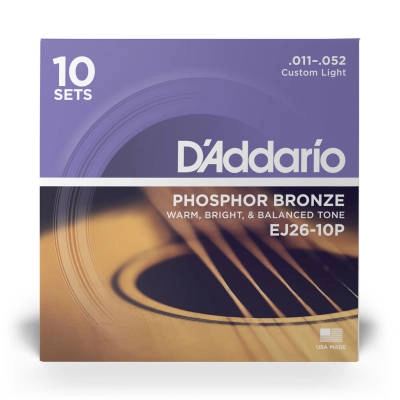 EJ26-10P Phosphor Bronze Acoustic Guitar Strings  Custom Light  11-52  10 Sets