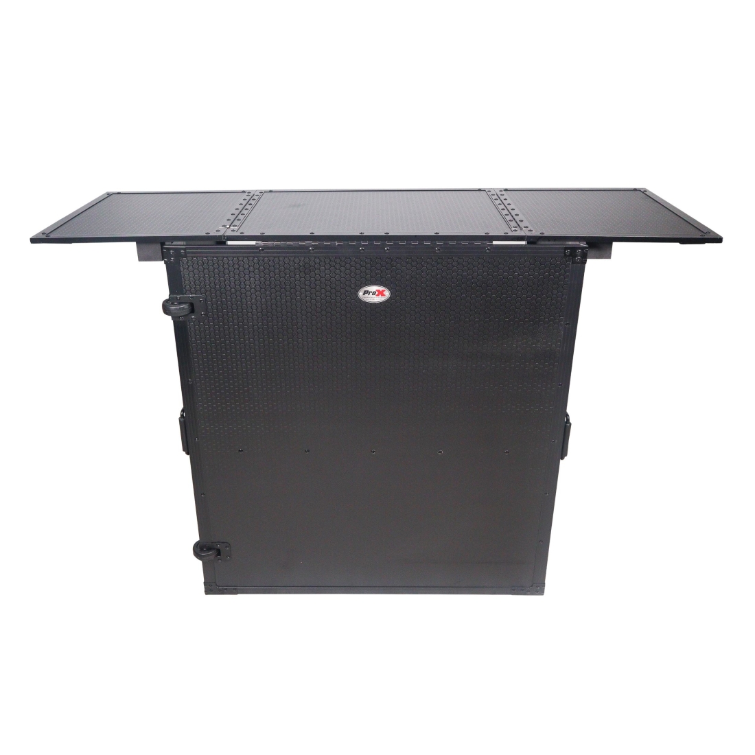 Transformer Flight Case Style Folding DJ Table and Workstation with Smooth Rolling Wheels - Black Finish