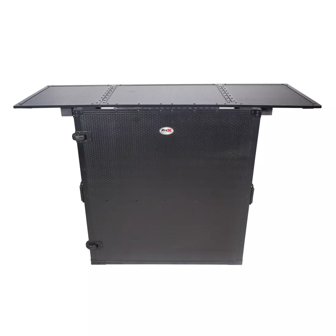 Transformer Flight Case Style Folding DJ Table and Workstation with Smooth Rolling Wheels - Black Finish