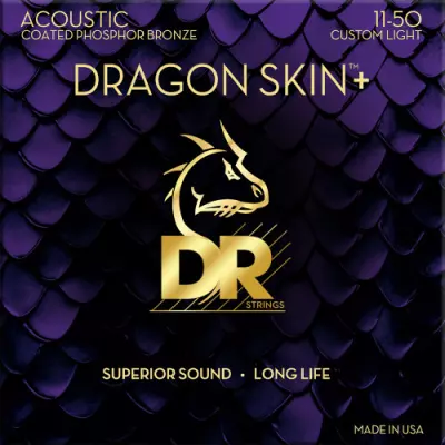 DR Strings - Dragon Skin+ Coated Phosphor Bronze Acoustic Guitar Strings - Custom Light (11-50)