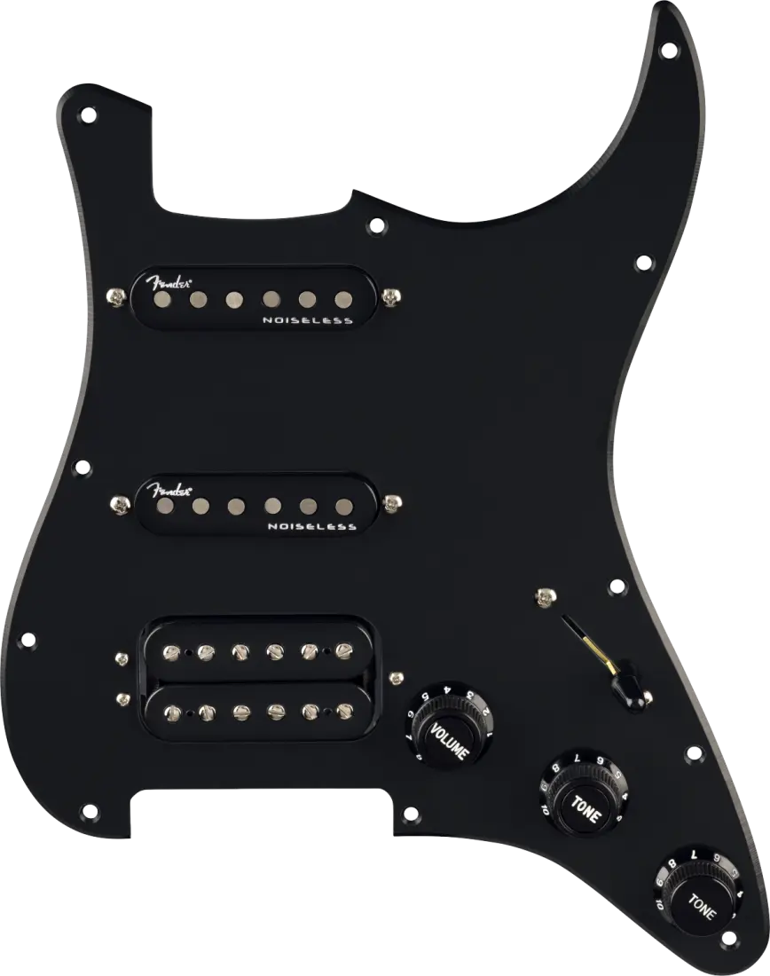 11 Hole Pre-Wired Strat Pickguard, Quadra Tap/Ultra Noiseless HSS - Black