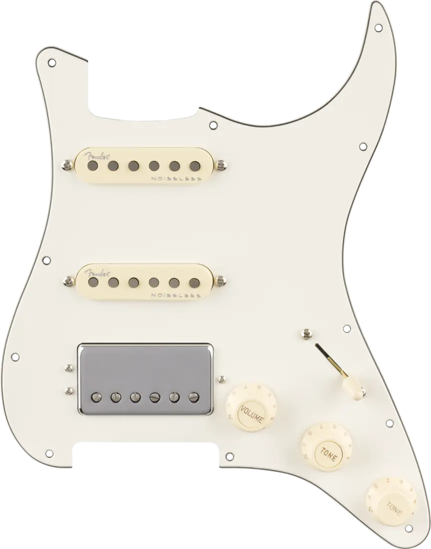 11 Hole Pre-Wired Strat Pickguard, Quadra Tap/Ultra Noiseless HSS - Parchment