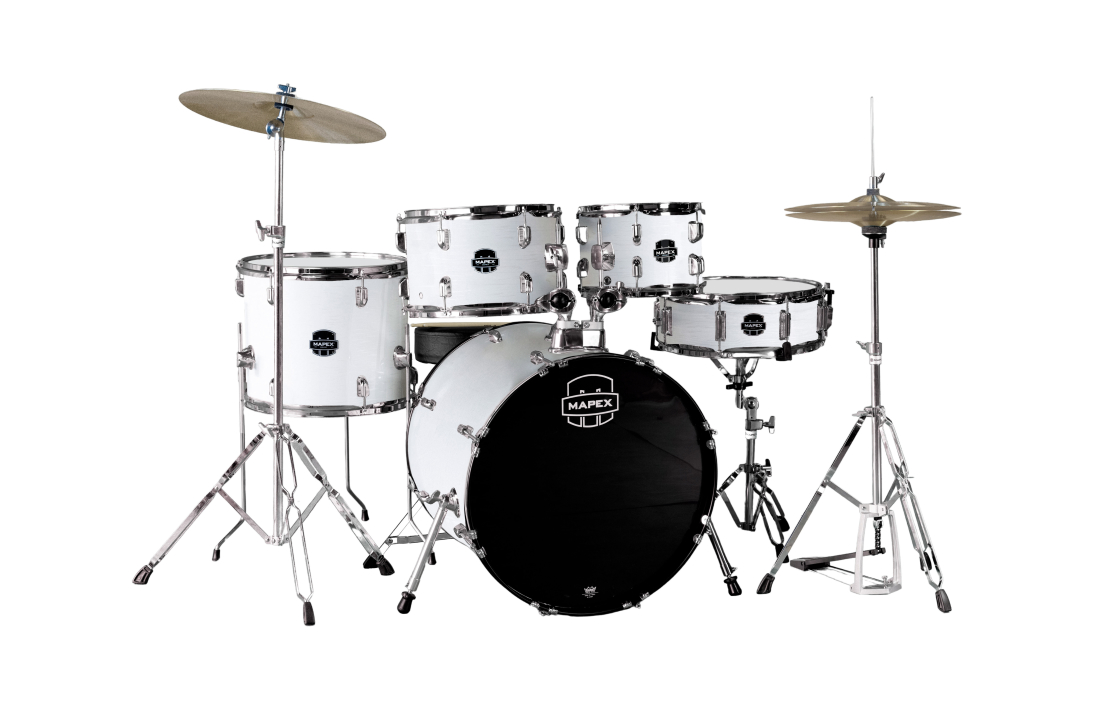 Comet 5-Piece Drum Kit (22,10,12,16,SD) with Cymbals and Hardware - White Thin Grain