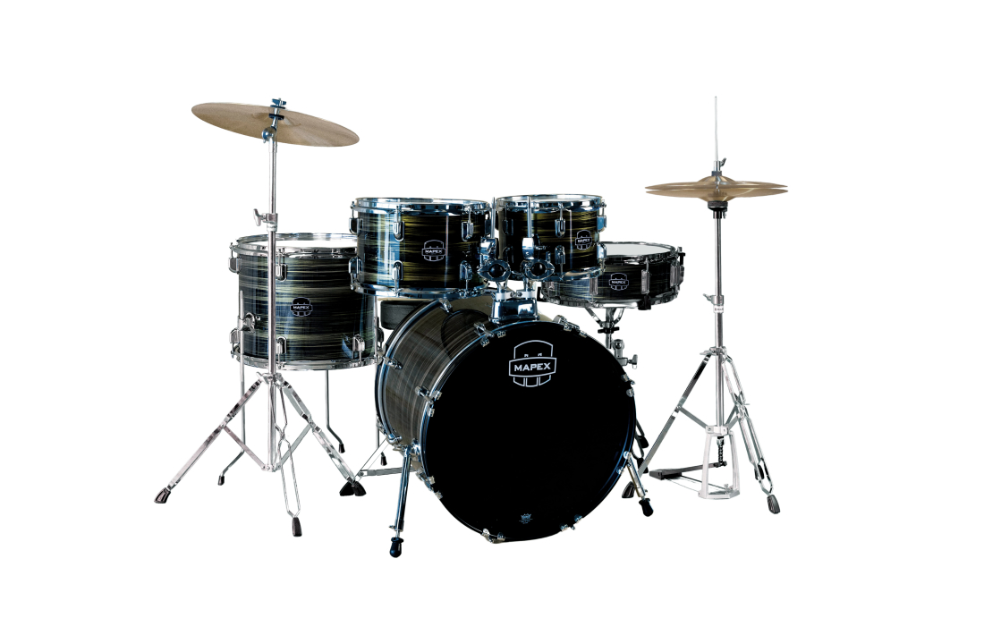 Comet 5-Piece Drum Kit (20,10,12,14,SD) with Cymbals and Hardware - Ebony Yellow Grain