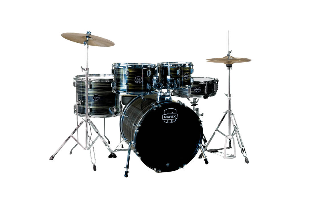 Comet 5-Piece Drum Kit (20,10,12,14,SD) with Cymbals and Hardware - Ebony Yellow Grain