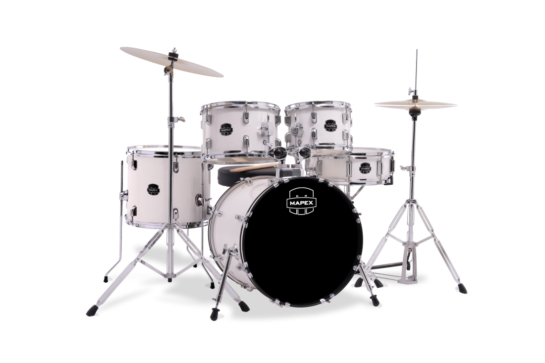 Comet 5-Piece Drum Kit (18,10,12,14,SD) with Cymbals and Hardware - White Thin Grain