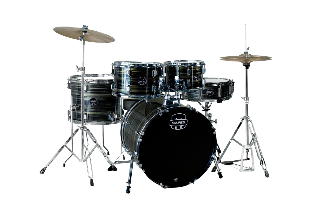 Comet 5-Piece Drum Kit (22,10,12,16,SD) with Cymbals and Hardware - Ebony Yellow Grain