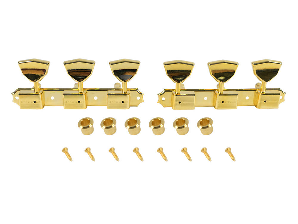 3 Per Plate Deluxe Series Tuning Machines, Single Line - Gold with Butterfly Metal Buttons