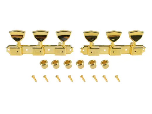 Kluson - 3 Per Plate Deluxe Series Tuning Machines, Single Line - Gold with Butterfly Metal Buttons Kluson - 3 Per Plate Deluxe Series Tuning Machines, Single Line - Gold with Butterfly Metal Buttons
