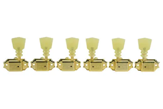 Kluson - 3 Per Side Deluxe Series Tuning Machines, Single Line - Gold with Double Ring Plastic Keystone Buttons
