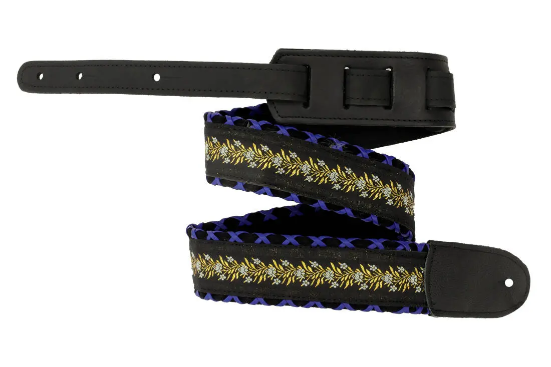 Brocade Hand Laced Leather Guitar Strap - Dinichi Blue