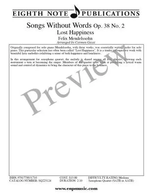 Songs Without Words Op. 38 No. 2: Lost Happiness - Mendelssohn/Gassi - Saxophone Quartet