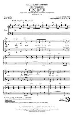 (They Long to Be) Close to You - Bacharach/Huff/David - Choral Octavo - SSA Accompanied